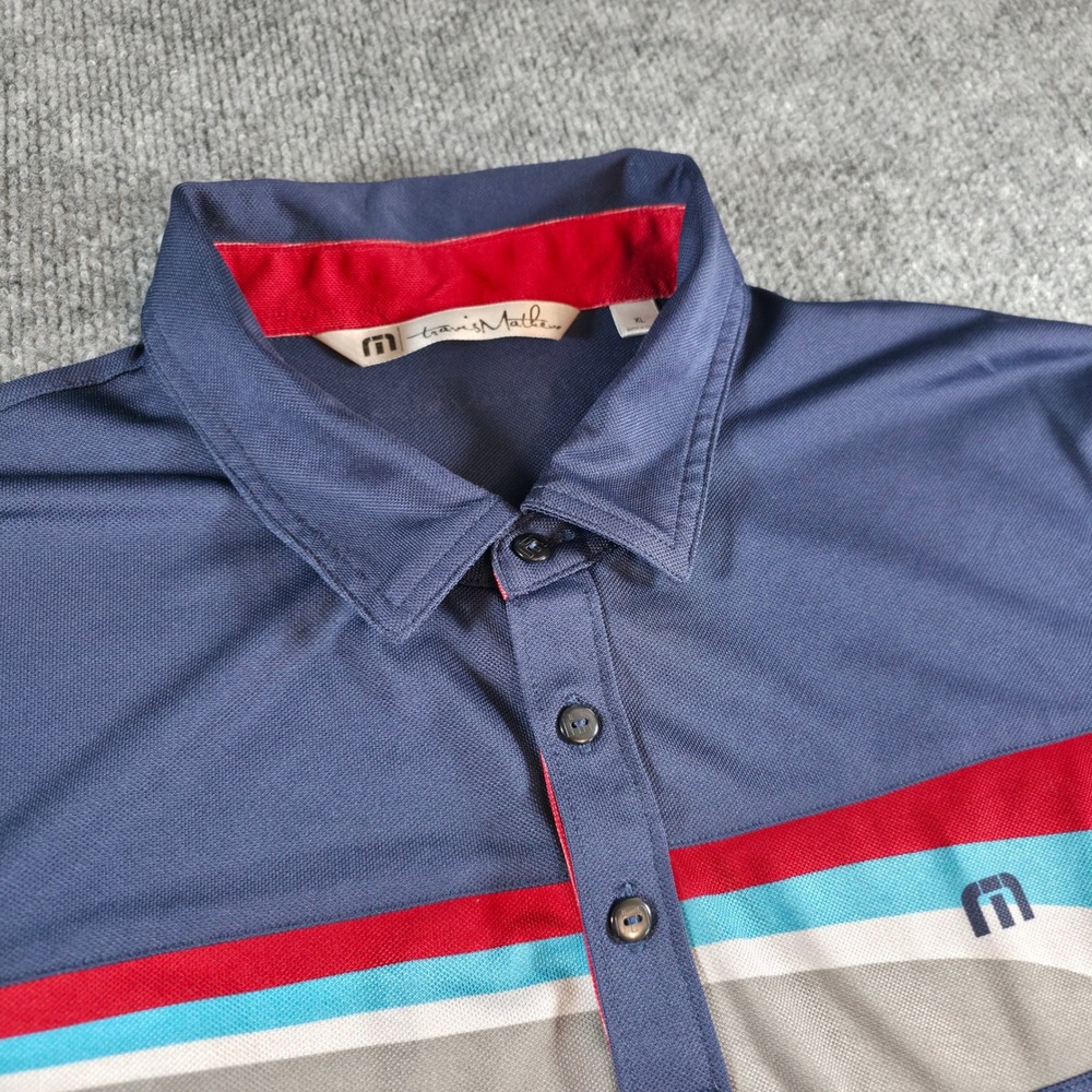 Travis Mathew Golf Polo Shirt Mens XL Blue Red Striped Athletic‎ Casual